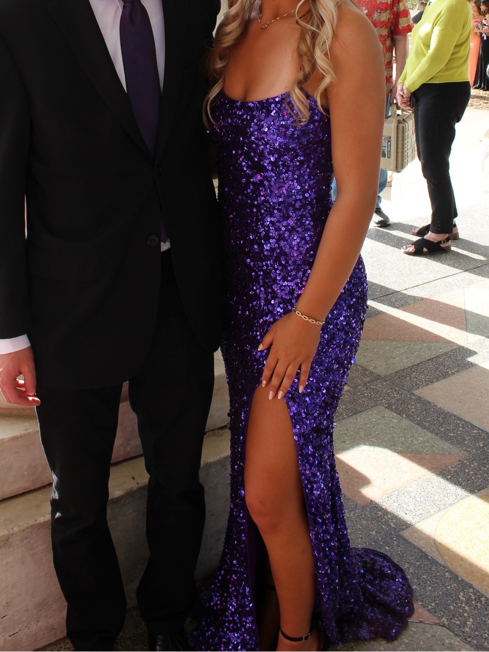Amarra Purple Sequins Prom Slit Dress